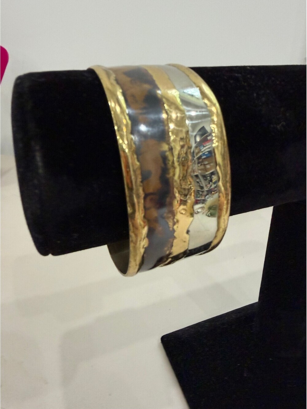 Wide Metal Cuff Bracelet with Gold and Silver Tones